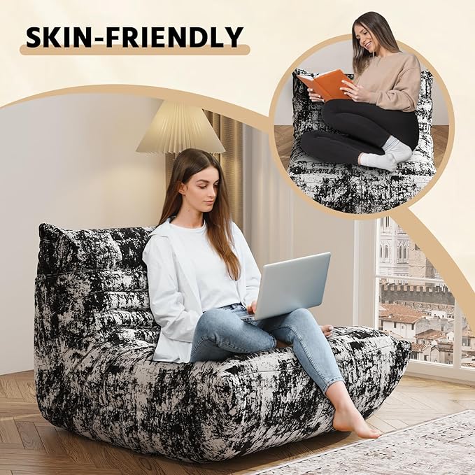 Bean Bag Chair, Fireside Chair, Large Bean Bag Chair for Adults, Bean Bag Chairs for Teens with High-Resilience Foam, Non-Slip Base Floor Lounge Sofa,Living Room (Cross White-Black, Single)