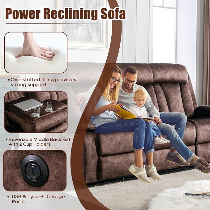 GUEAPY Reclining Sofa-Power Recliner Sofa with Heat and Massage,Recliner Sofa with Drop Down Table,Reclining Couch 3 Seater for Living Room,Home Theater Seating with Cup Holders,USB & Type-C Ports
