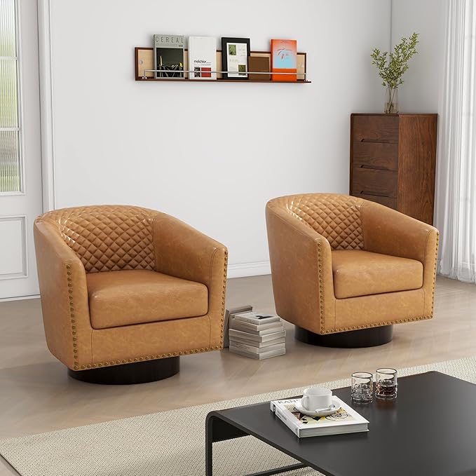 DREAMSIDEA Swivel Barrel Accent Chair, Comfy Modern Upholstered Round Faux Leather Arm Chair for Living Room, Bedroom - Coffee, Set of 4