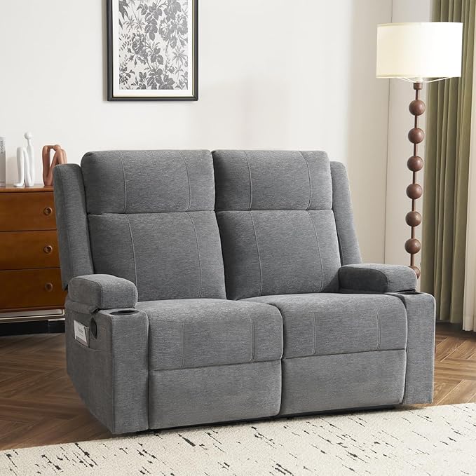 PALLOME Manual Reclining Loveseat Sofa, 2-Seater Recliner Couch with Cup Holders, Fabric Reclining Sofa for Living Room/RV (Gray)