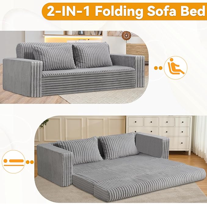 HABUTWAY Folding Sofa Bed, 2 in 1 Convertible Sleeper Chair with 2 Pillows, Portable Fold Out Chair Bed with Armrest, Comfy Floor Couch, Lazy Sofa for Living Room Bedroom Dorm Home Office, Light Grey