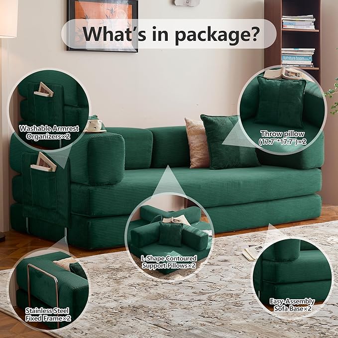 LIAROO 78.8" Convertible Sofa Bed -Compression Sofa with Corduroy Fabric - with Armrests and Backrest - Modular Sectional for Living Room, Bedroom, Studio - Compression Sofa in Box (Emerald Green)