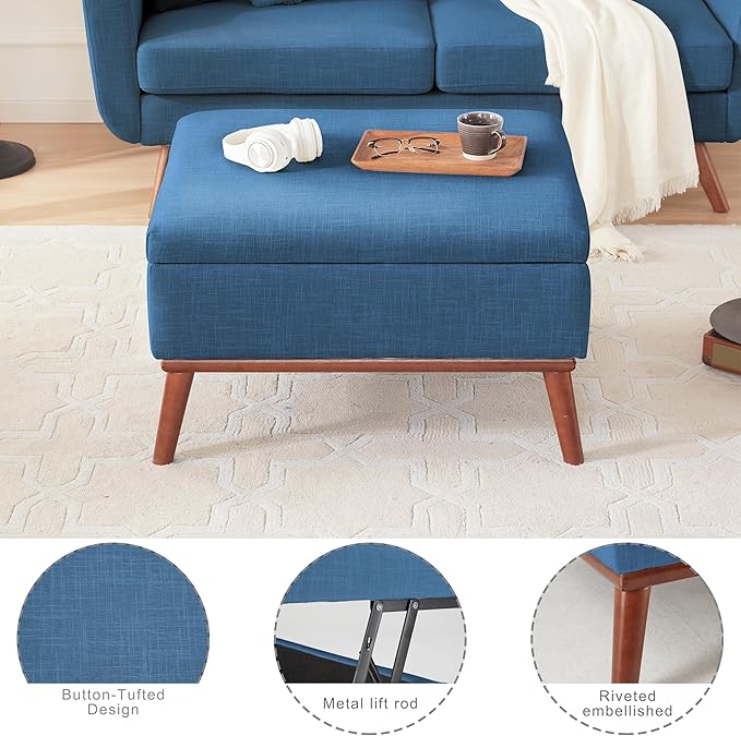 Tbfit 65" W Loveseat Sofa with Ottoman Coffee Table, Mid Century Modern Love Seat Couches for Living Room, Button Tufted Upholstered Small Couch for Bedroom,Easy to Install Love Seats Furniture, Blue | linen fabric, button tufted, solid wood foot, pock...