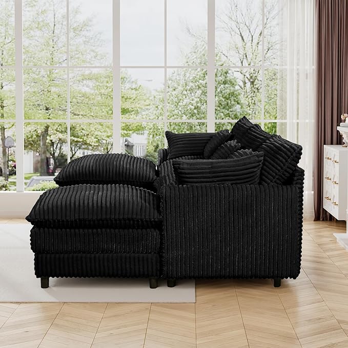 HYJT-H&K 108" U Shaped Cloud Couch Modular Black Sectional Couches for Living Room, Comfy Fluffy Corduroy Oversized Cloud Sectional Couch Large 5 Seat Sectionals Sofa Set, Black
