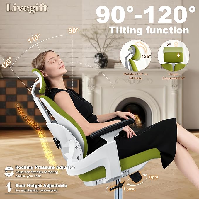 Big and Tall Office Chair 500lbs, Extra Wide 20" Seat and Reinforced Frame, Dual-backrest Ergonomic Desk Chair with Headrest and Flip-Up Arms, High Back Task Chair for Back Pain-Green