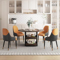 5-Piece Round Dining Table Set for 4 with Storage, Kitchen Table with 4 PU Leather Chairs, Space Saving for Breakfast Nook, Dinette, Dining Room (Walnut Dining Table-4 Brown Chairs)