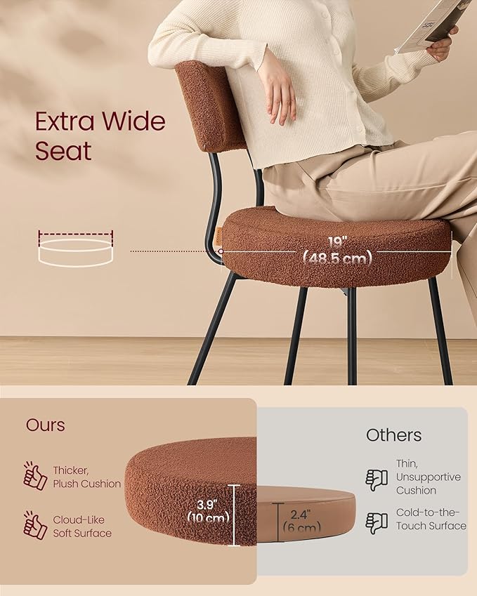 VASAGLE Boucle Dining Chairs Set of 2, Upholstered Kitchen Dining Room Chairs with Curved Backrest and Steel Frame, Modern Mid Century, Round, for Vanity, Living Room, Coffee Brown UKDC110K01
