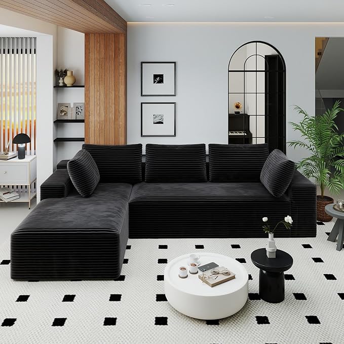 KAPEETOO Modular Sectional Sofa Cloud Couch with Chaise Longue, Left L Shaped Boneless Couch with Deep Seat, Oversize 3-Seater Sofa L Shaped Set for Living Room Bedroom (Black)
