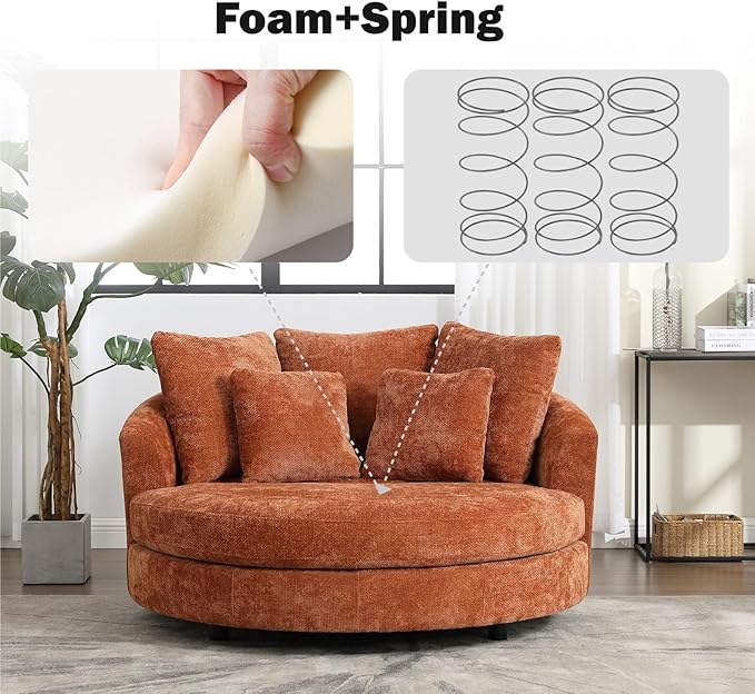 Chifee & Vingol 59.8" W Oversized Accent Barrel Chair Large Round Chair with Wheels,Burnt Orange
