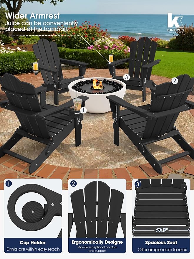 KINGYES Folding Adirondack Chair Set of 6, HDPE All-Weather Patio Chairs with Cup Holder, Wooden Textured Fire Pit Chairs for Poolside, Backyard, Deck, Black