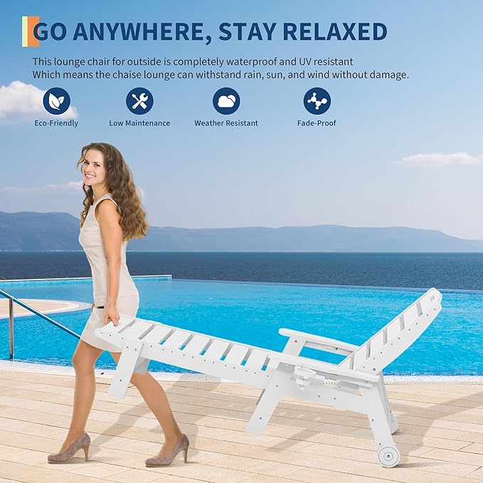 GarveeLife Outdoor HDPE Chaise Lounge with Rolling Wheels, Oversize HDPE 5-Position Pool Lounge Chairs, Pool Lounges Chairs