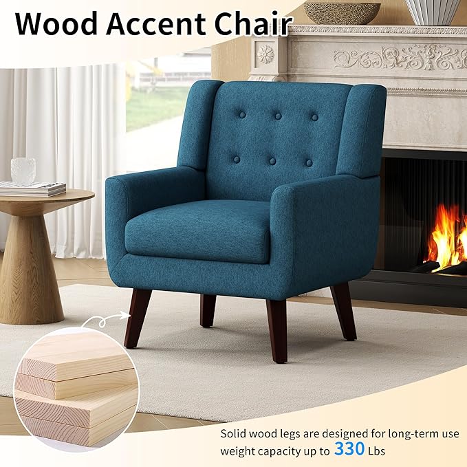 Accent Chairs Set of 2, Mid-Century Modern Upholstered Living Room Armchair, Comfy Linen Fabric Single Reading Arm Chair with Tufted Back and Wood Legs for Bedroom, Club (2, Dark Teal)