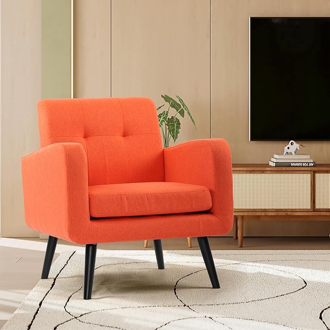 LSSPAID Modern Accent Chairs, Upholstered Fabric Cozy Armchairs, Living Room Side Chair with Solid Wood Legs, Orange