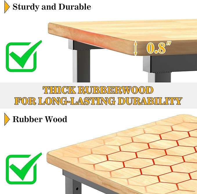 Ultrawall Workbench for Garage, 47.5" Adjustable Height Work Table, Heavy Duty Rubber Wood Workstation for Workshop, Office, Home, 2000 LBS Load Capacity