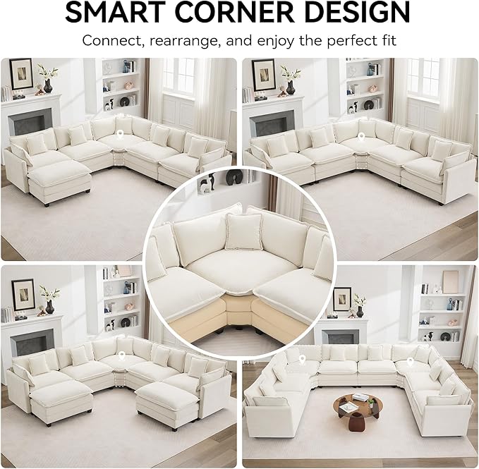 113'' V Shaped Cloud Sectional Sofa, Oversized Deep Seat Couches for Living Room, Chenille Comfy Upholstered Modular Sectional Sofa Couch with 2 Movable Ottoman, Beige