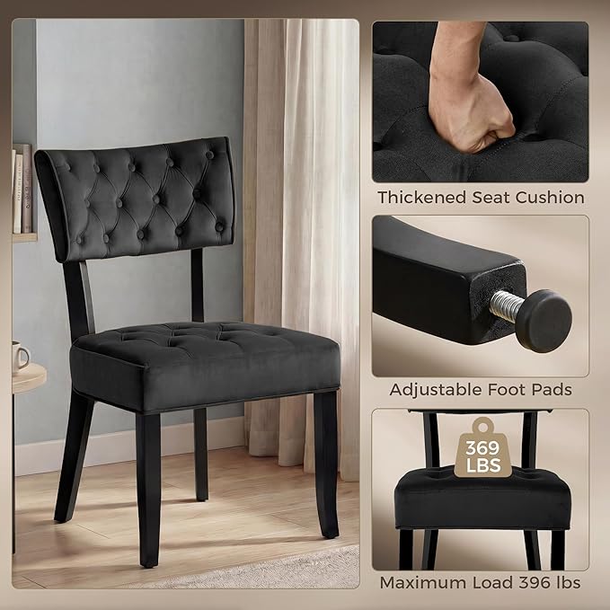 UVV Upholstered Dining Chairs Set of 2, Mid Century Modern Tufted Kitchen Chairs Dining Room Chairs, Velvet Dinner Chair with Wood Legs for Dining Room Kitchen, Black-Black Legs