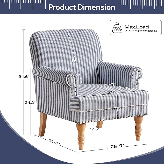 HUIMO Linen Fabric Accent Chairs Set of 2, Mid-Century Modern Armchair with Solid Wood Legs, Single Sofa Chair,Upholstered Reading Club Chair (2, Dark Blue and White Stripe)