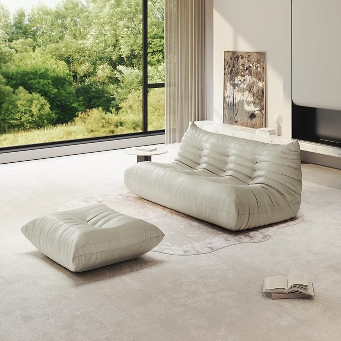 Bean Bag Chair for Adults, Fireside Chair Lazy Floor Sofa, Modern PU Faux Leather Caterpillar Sofa Couch, Armless Foam Lounger Tatami Recliner Bean Bag Couch for Living Room Bedroom Dorm Office