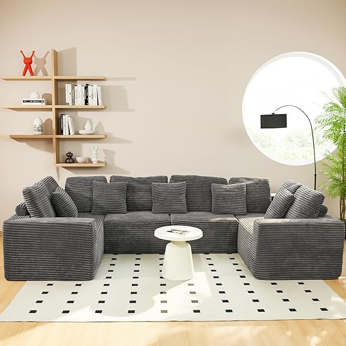 135.5" Cloud Sectional Couch,Boneless Corduroy Sofa for Living Room,Oversized U Shaped Sofa with Chaise,Deep Seat,No Assembly Required,Modular Sectional Sofa（Grey）