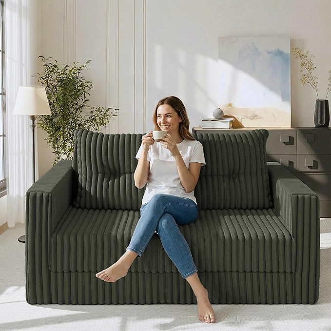 HABUTWAY Folding Sofa Bed, 2 in 1 Convertible Sleeper Chair with Pillow, Portable Fold Out Chair Bed with Armrest, Comfy Floor Couch, Lazy Sofa for Living Room Bedroom Dorm Home Office, Green