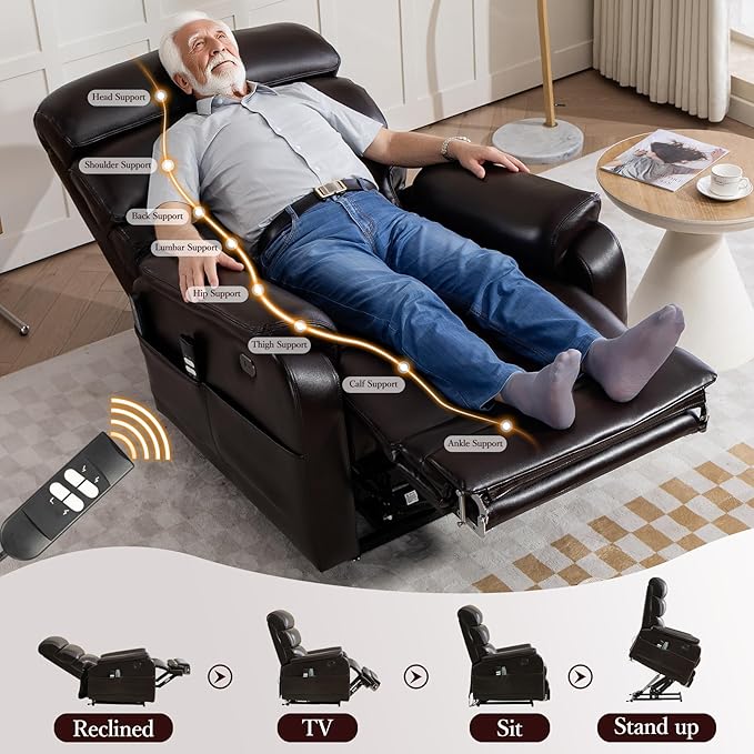 Power Lift Recliner Chair, Big Tall Man Lay Flat Ergonomic Lounge with Extended Footrest for Elderly People, Single Sofa Heat & Massage. Home Theater Seat, USB&Type-C Port (PU Leather, Reddish Brown)