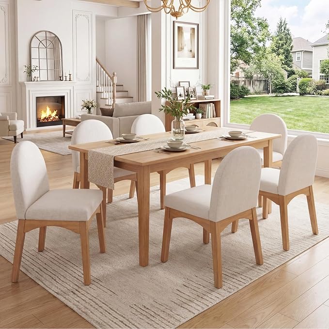 HNY Mid Century Modern Dining Chairs Set of 6, Linen Fabric Upholstered Dining Room Chairs Armless Kitchen Chairs with Solid Rubberwood Legs, Accent Side Chairs for Living Room, Beige