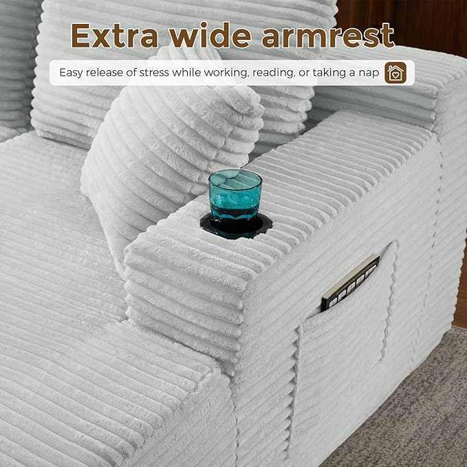 130" Oversized Cloud Boneless Sofa Couch with Chaise, Modern Corduroy Modular Sectional Sofa with Deep Seat, Comfy Couch with cupholders and Storage, No Assembly Required-Light Grey