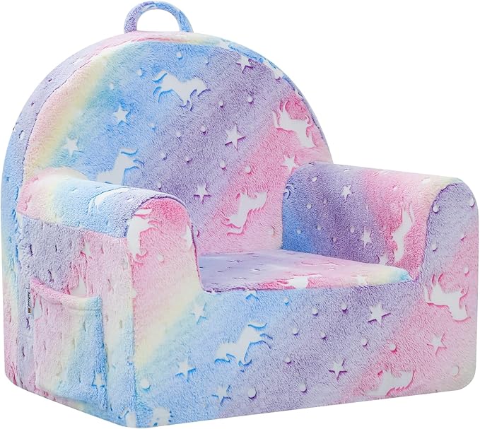 MeMoreCool Comfy Toddler Chair for 1-3 Years Old, Glow Unicorn Kids Reading Chair, Soft Plush Toddler Armchair, Cozy Foam Lounge Kids Armchair for Baby Room, Living Room, Playroom, Reading Nook