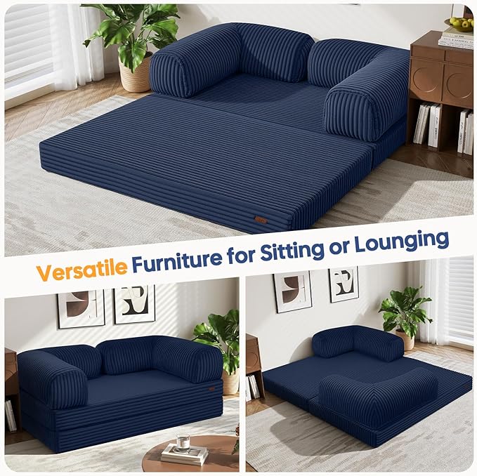 COMAX Futon Sofa Bed, 4-in-1 Floor Foldable Sofa Couch Bed Queen with L-Shaped Armrests, Convertible Folding Chair Bed Sleeper Mattress Fold Out Comfy Lounge for Living Room Bedroom, Faux Fur Navy