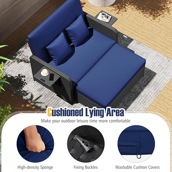 RELAX4LIFE Wicker Patio Outdoor Daybed - Rattan Day Bed Lounger w/Loveseat & Storage Ottoman, Sunbed Sofa Set w/Cushions, 4-Level Adjustable Backrest & 2 Retractable Trays, Patio Daybed (Navy-Black)