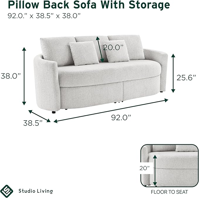 Studio Living® Beckett 92" Storage Sofa, Modern Farmhouse, Pocket Coil Comfort, Easy Assembly, Chenille Fabric, Ivory
