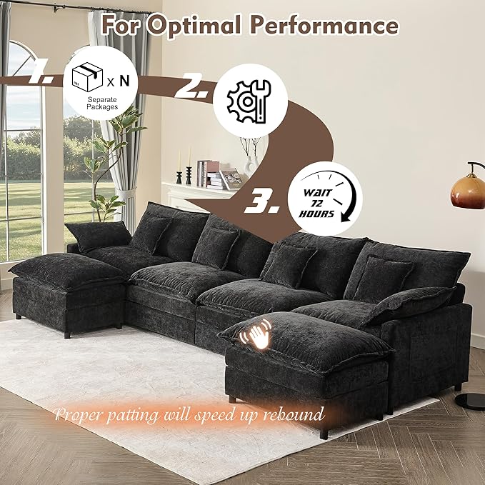 GOSUHI 142.5" U Shaped Couch, Modular Sectional Sofa, 3-Seater Comfy Cloud Couch with Movable Ottoman, Deep Seat Couches for Living Room, Chenille, Black