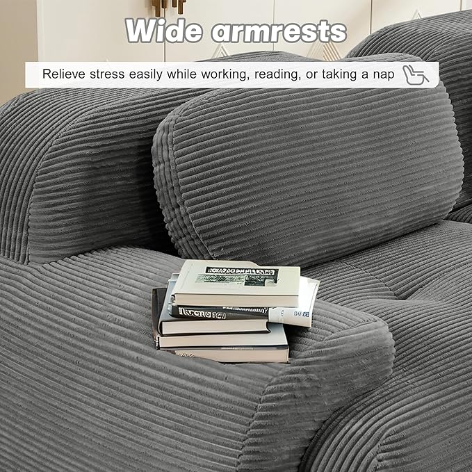SoarFlash 117" Modern L-Shaped Modular Sectional Sofa for Living Room, Corduroy Upholstery Oversized 3-Seater Couch with Deep Seat and Movable Ottoman-No Assembly, Grey