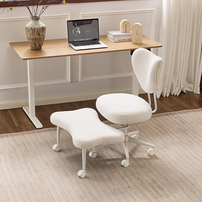 Meditation Chair with Lumbar Support, Ergonomic Floor Sitting Chair Adjustable Height, Cross Legged Chair for Office, Yoga & Mindfulness, Cushioned Seat with Wheels (Beige)