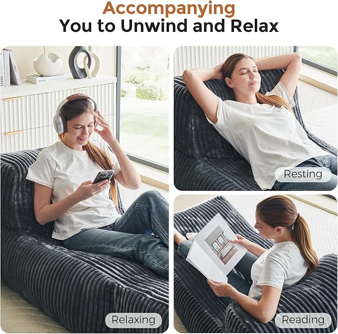 Bean Bag Chair, Giant Bean Bag Chairs for Adults, Comfy Corduroy Boneless Chair, Memory Foam Filled Bean Bag Sofa for Living Room, Bedroom, Balcony, Grey