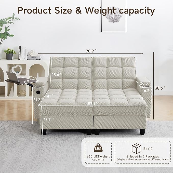 70.9" Chaise Lounge Chair Indoor, Oversized Boucle Upholstered Sofa Bed, Adjustable Backrest Deep Seat Reading Chair, Sofas Couches for Living Room with Storage, Cup Holders and 360° Swivel Side Table
