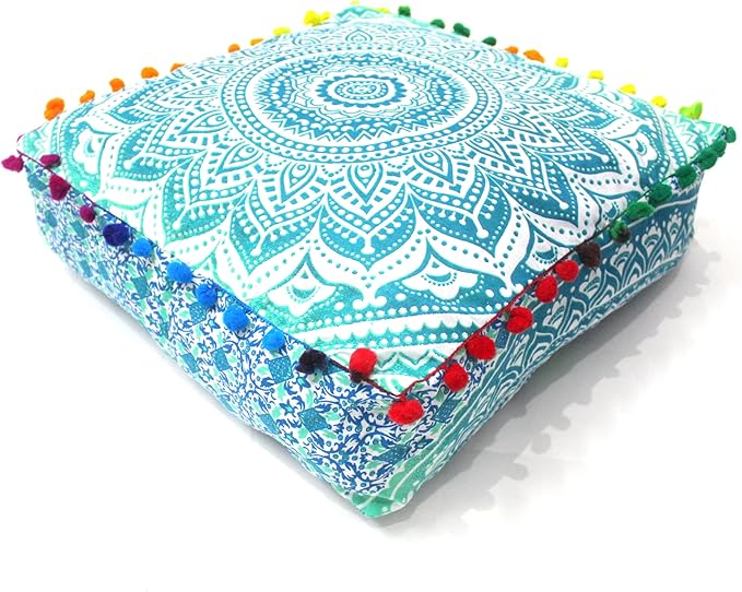 CRAFT KALA Green Ombre Large Hippie Mandala Meditation Floor Ottoman Pillow Cushion Pouf Cover Square Poufs Bohemian Circle Floor Cushion Case Outdoor Fireplace Yoga Living Room Decor Cover 18" Square