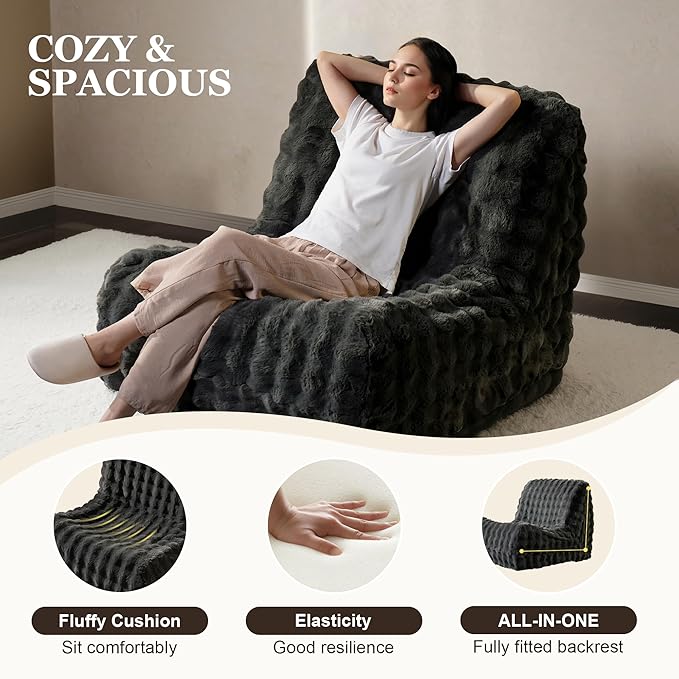 Bean Bag Chair for Adults, Lovely Bean Bag Chair with Plush Faux Fur, Lazy Floor Sofa, Comfy Reading Nook Chairs, Couch Single Sofa for Living Room Bedroom Office (Dark Grey)