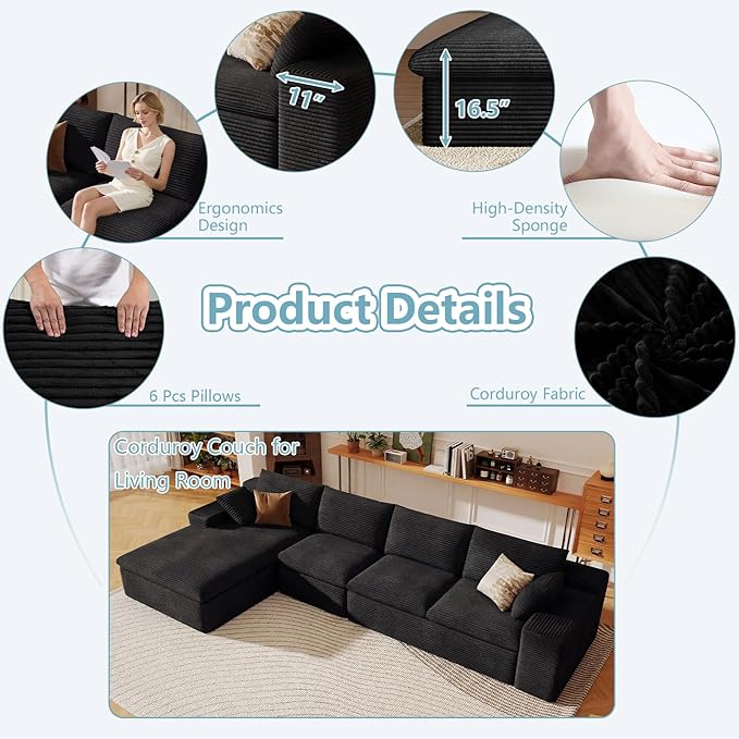 136" Cloud Sectional Couch with L-Shape Chaise, Modern Corduroy Viral Boneless Sofa for Living Room,Memory Foam Couches in a Box with Deep Seat,No Assembly Required (Black,Left-Facing Chaise)