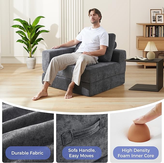 8" Thick Freestanding Folding Sofa Bed for Adults,Convertible L-Shaped Sleeper Chair with Left Armrest and Pillow, Lazy Couch for Living Room/Bedroom/Guest Use/Home Office/Apartment