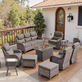 Belord Luxury 6" Thick Cushioned 10 Pieces Patio Furniture Set with Fire Pit Table, Wicker Outdoor Conversation Set with High Back Swivel Rocker Chairs for Deck Porch Yard and Poolside - Brown+Grey