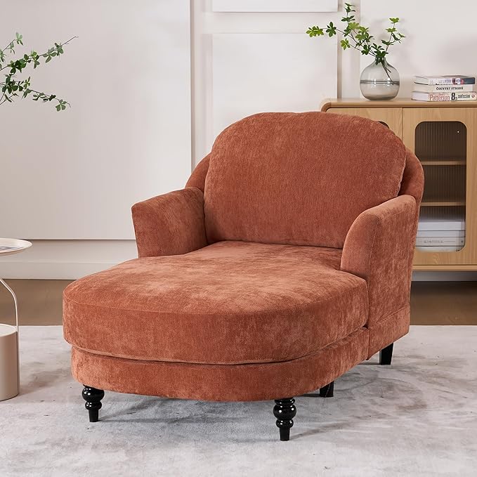 Chaise Lounge Chair Indoor, 59.8"Oversized Couch Reading Chairs, Chenille Comfortable Deep Sleeping Single Sofa, Upholstered Modern Couch Sofa Bed for Living Room, Bedroom & Apartment (Orange)