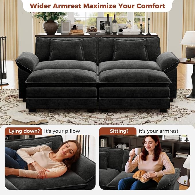 CDCASA 86" Modular Sectional Sofa, Comfy Cloud Couch with 2 Movable Ottoman, 4-Seater Chenille Deep Seat Sofa Bed Modern Sofa Couch for Living Room, DIY Combination, Black