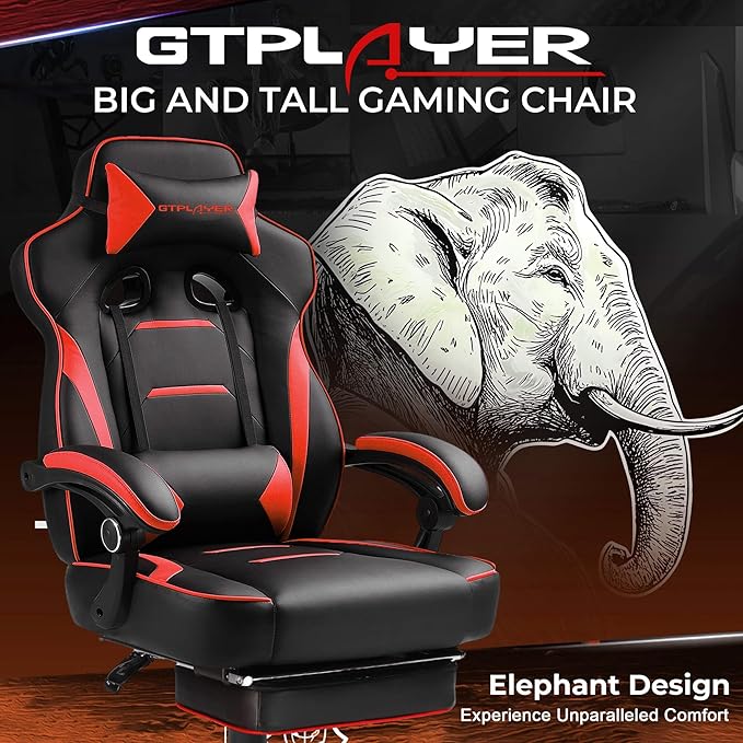 GTPLAYER Gaming Chair with Footrest, Big and Tall Game Chair 350lb Racing Style Computer Chair, Ergonomic Executive Office Chair High Back with Lumbar Support and Recliner, Red