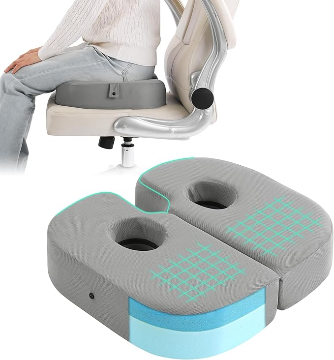 HOMBYS Piriformis Seat Cushion for Sitting, Double-Layer Foam Sciatica Seat Cushion with Coccyx Cutout for Tailbone, Hip Pain Relief, Butt Pad for Long Sitting for Office Chair, Car(Gray)