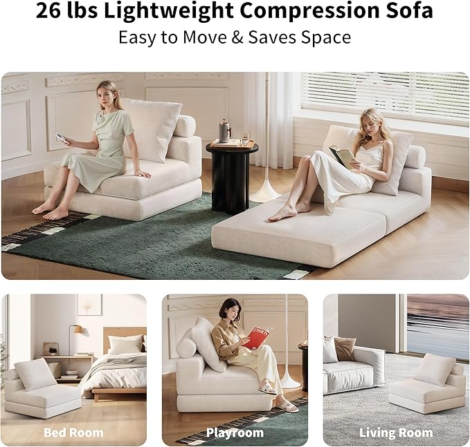 Folding Sofa Bed – Convertible Sleeper Chair Bed with Pillows/Single Floor Couch/Small Futon Couch Filled with High-Density Foam for Lounge, Guest Room or Office (White)