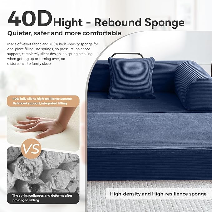 ZQRhome 79" 5-in-1 Convertible Sofa Bed, Premium Sleeper with Reinforced Frame & Plush Corduroy, No Assembly Modern Couch for Lounge, Living Room & Guest Room, Blue