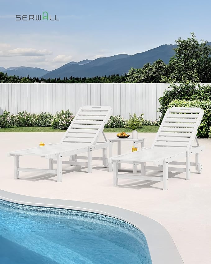 SERWALL Patio Chaise Lounge Chair Set of 4, HDPE Outdoor Lounge Chair with Cup Holder, 5 Positions Adjustable Pool Lounger with Rolling Wheels for Poolside, Deck, Sunbathing, White