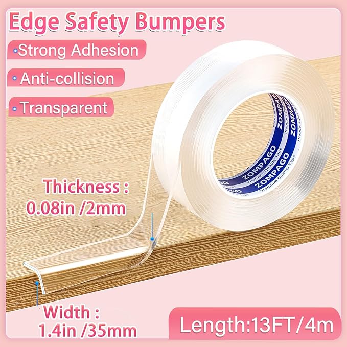 ZOMPAGO Clear Soft Corner Protectors for Furniture Strip,1.4in x13FT,Sharp Edge & Table Bumper,Window Edge,Wall Protector, Soft Corner Guards Safe for Proof,Table Corner Protectors in Family