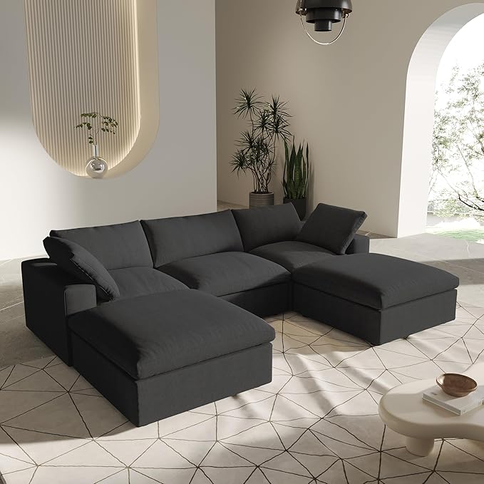 U-Shaped Cloud Sectional Couch, Black Modular Sectional Sofa, Modern Comfy Cloud Sofa with Storage Ottomans, Covers Removable, Convertible Sleeper Couch for Living Room Apartment (Linen Fabric)